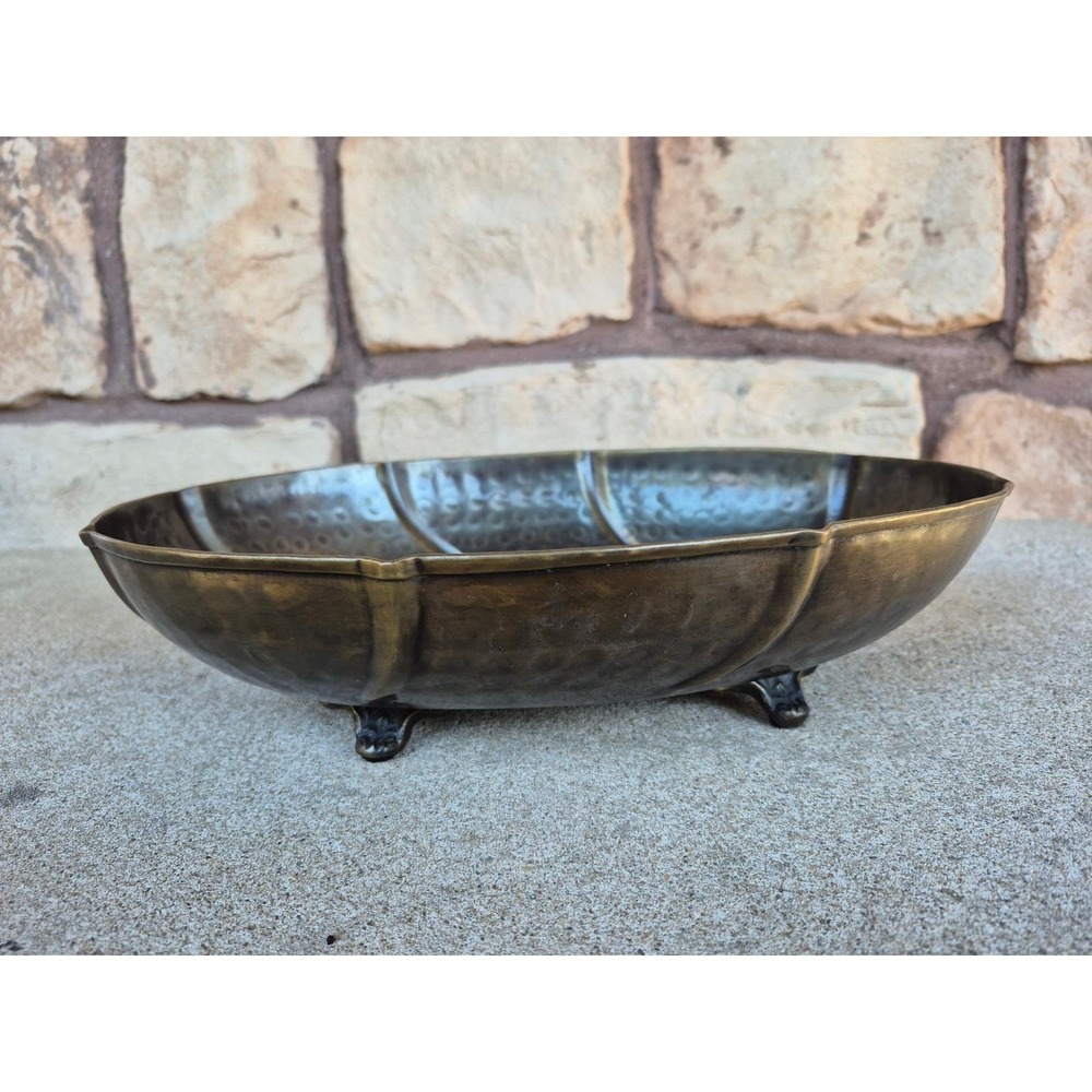 Vintage Hammered Metal Footed Bowl Sculptural Centerpiece Catchall Patina Decor